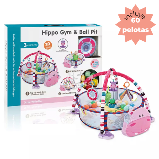Gimnasio Bebé, piscina de pelotas 3en1, diseño hipopótamo, incluye 60 pelotas