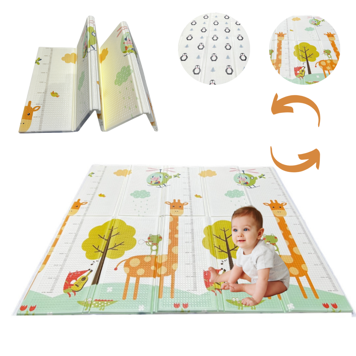 Alfombra espuma plegable reversible 1.80×2.00mts, 15mm Jirafa- pingüinos