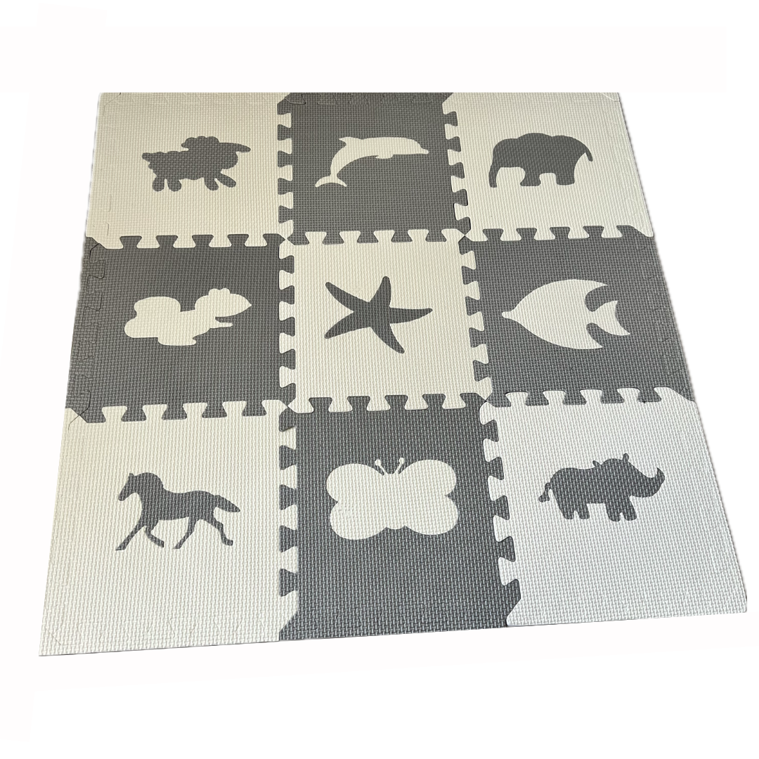 Alfombra goma eva Animales 30x30cms, 10mm, pack 9und, gris blanco